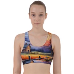 Rural Farm Fence Pathway Sunset Back Weave Sports Bra