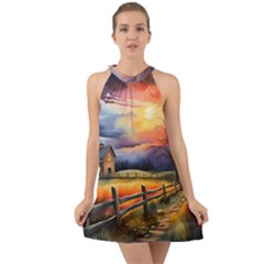 Rural Farm Fence Pathway Sunset Halter Tie Back Chiffon Dress