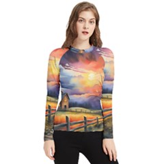 Rural Farm Fence Pathway Sunset Women s Long Sleeve Rash Guard