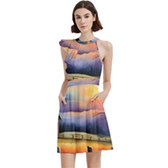 Rural Farm Fence Pathway Sunset Cocktail Party Halter Sleeveless Dress With Pockets