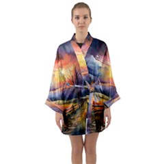 Rural Farm Fence Pathway Sunset Long Sleeve Satin Kimono