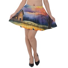 Rural Farm Fence Pathway Sunset Velvet Skater Skirt by Bedest