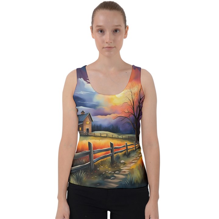 Rural Farm Fence Pathway Sunset Velvet Tank Top