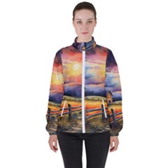 Rural Farm Fence Pathway Sunset Women s High Neck Windbreaker