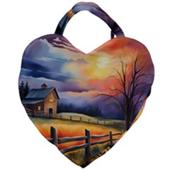 Rural Farm Fence Pathway Sunset Giant Heart Shaped Tote by Bedest