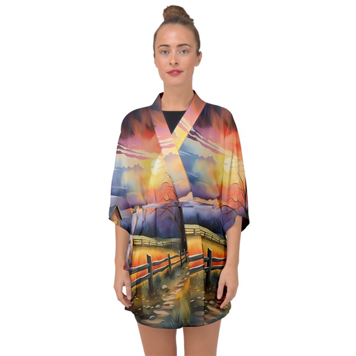 Rural Farm Fence Pathway Sunset Half Sleeve Chiffon Kimono