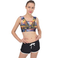 Rural Farm Fence Pathway Sunset V-Back Sports Bra