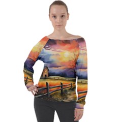 Rural Farm Fence Pathway Sunset Off Shoulder Long Sleeve Velour Top by Bedest