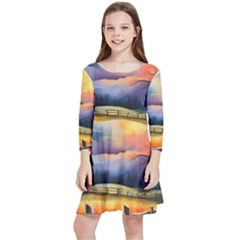 Rural Farm Fence Pathway Sunset Kids  Quarter Sleeve Skater Dress