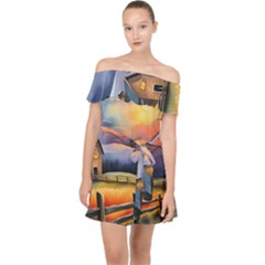 Rural Farm Fence Pathway Sunset Off Shoulder Chiffon Dress