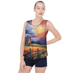 Rural Farm Fence Pathway Sunset Bubble Hem Chiffon Tank Top