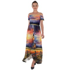 Rural Farm Fence Pathway Sunset Off Shoulder Open Front Chiffon Dress