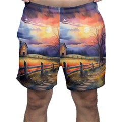 Rural Farm Fence Pathway Sunset Men s Shorts