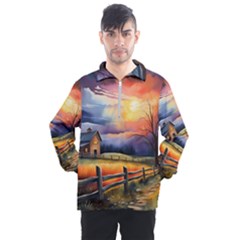 Rural Farm Fence Pathway Sunset Men s Half Zip Pullover