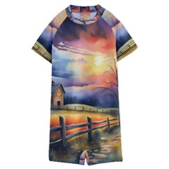 Rural Farm Fence Pathway Sunset Kids  Boyleg Half Suit Swimwear