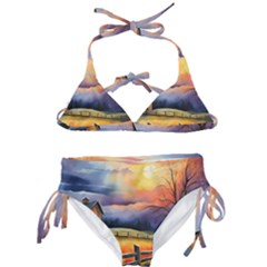 Rural Farm Fence Pathway Sunset Kids  Classic Bikini Set