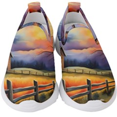 Rural Farm Fence Pathway Sunset Kids  Slip On Sneakers