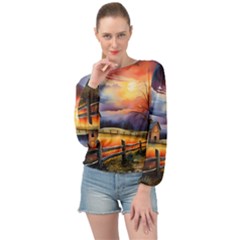 Rural Farm Fence Pathway Sunset Banded Bottom Chiffon Top