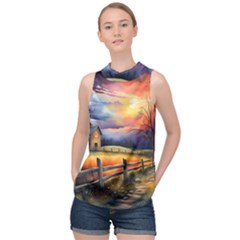 Rural Farm Fence Pathway Sunset High Neck Satin Top by Bedest