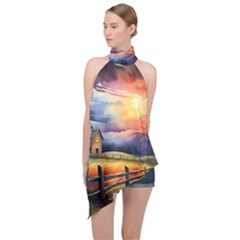 Rural Farm Fence Pathway Sunset Halter Asymmetric Satin Top