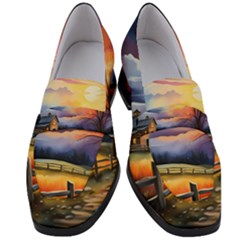 Rural Farm Fence Pathway Sunset Women s Chunky Heel Loafers