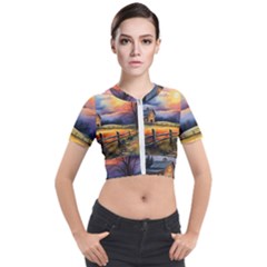 Rural Farm Fence Pathway Sunset Short Sleeve Cropped Jacket by Bedest