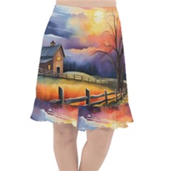 Rural Farm Fence Pathway Sunset Fishtail Chiffon Skirt