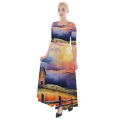 Rural Farm Fence Pathway Sunset Half Sleeves Maxi Dress