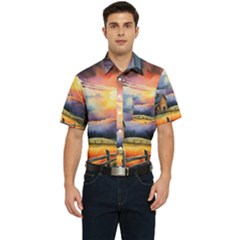 Rural Farm Fence Pathway Sunset Men s Short Sleeve Pocket Shirt 