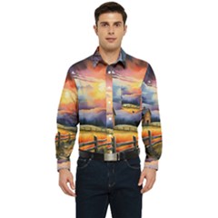 Rural Farm Fence Pathway Sunset Men s Long Sleeve Pocket Shirt 