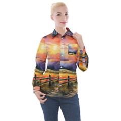 Rural Farm Fence Pathway Sunset Women s Long Sleeve Pocket Shirt