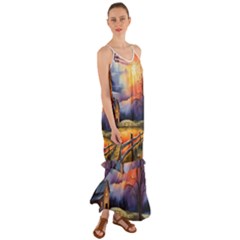 Rural Farm Fence Pathway Sunset Cami Maxi Ruffle Chiffon Dress by Bedest