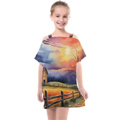 Rural Farm Fence Pathway Sunset Kids  One Piece Chiffon Dress