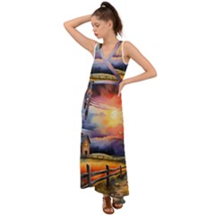 Rural Farm Fence Pathway Sunset V-Neck Chiffon Maxi Dress