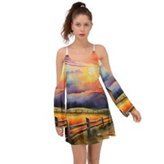 Rural Farm Fence Pathway Sunset Boho Dress by Bedest