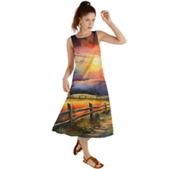 Rural Farm Fence Pathway Sunset Summer Maxi Dress