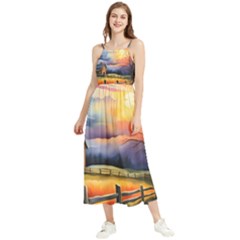 Rural Farm Fence Pathway Sunset Boho Sleeveless Summer Dress by Bedest