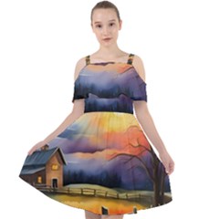 Rural Farm Fence Pathway Sunset Cut Out Shoulders Chiffon Dress