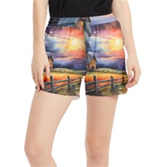 Rural Farm Fence Pathway Sunset Women s Runner Shorts