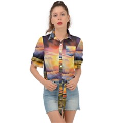 Rural Farm Fence Pathway Sunset Tie Front Shirt  by Bedest