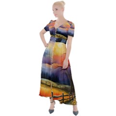 Rural Farm Fence Pathway Sunset Button Up Short Sleeve Maxi Dress