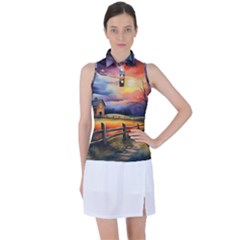 Rural Farm Fence Pathway Sunset Women s Sleeveless Polo T-Shirt