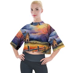 Rural Farm Fence Pathway Sunset Mock Neck T-shirt by Bedest