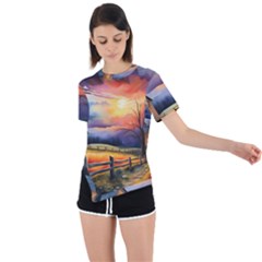 Rural Farm Fence Pathway Sunset Asymmetrical Short Sleeve Sports T-Shirt