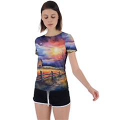 Rural Farm Fence Pathway Sunset Back Circle Cutout Sports T-Shirt