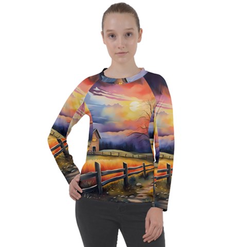 Rural Farm Fence Pathway Sunset Women s Long Sleeve Raglan T-shirt by Bedest