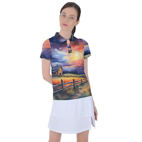 Rural Farm Fence Pathway Sunset Women s Polo T-shirt by Bedest