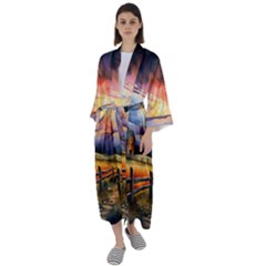 Rural Farm Fence Pathway Sunset Maxi Satin Kimono