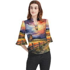 Rural Farm Fence Pathway Sunset Loose Horn Sleeve Chiffon Blouse