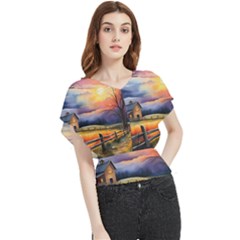 Rural Farm Fence Pathway Sunset Butterfly Chiffon Blouse